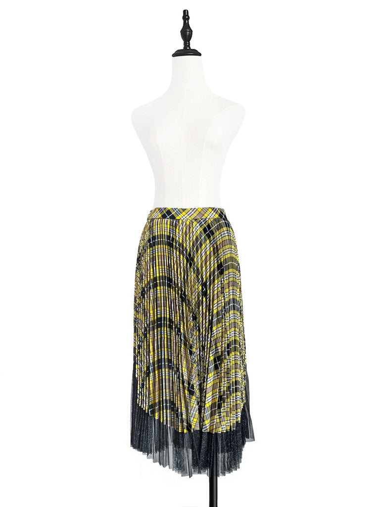 Final Sale! Tartan Asymmetrical Shimmer Mesh Pleated Midi-Skirt