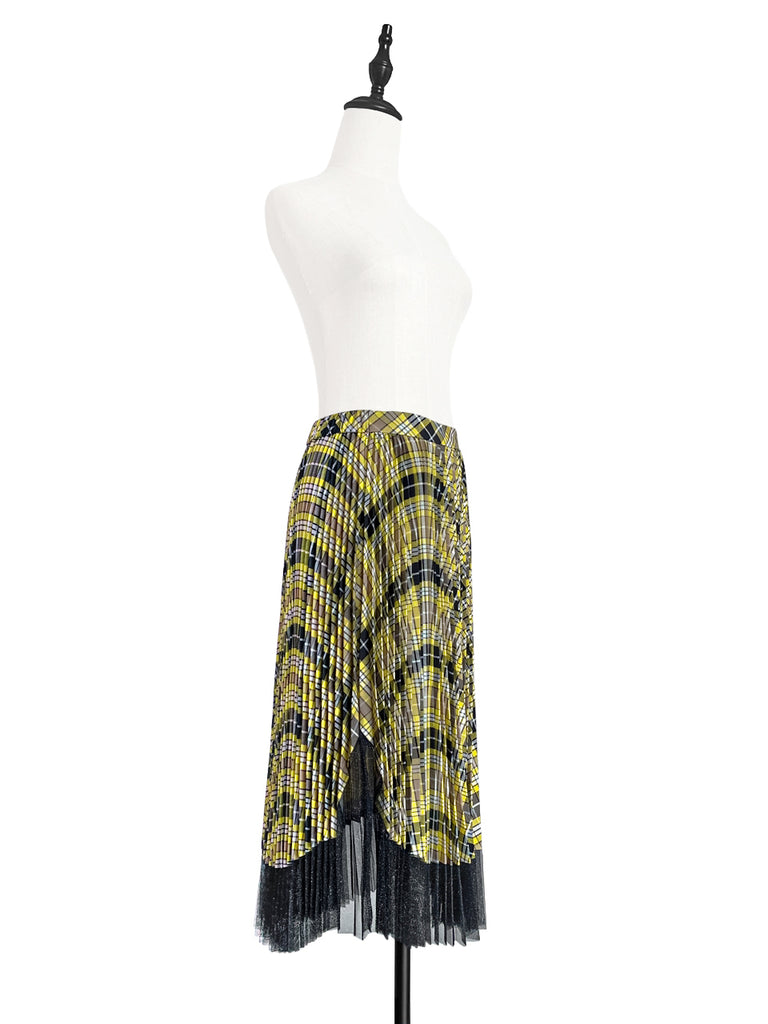Final Sale! Tartan Asymmetrical Shimmer Mesh Pleated Midi-Skirt