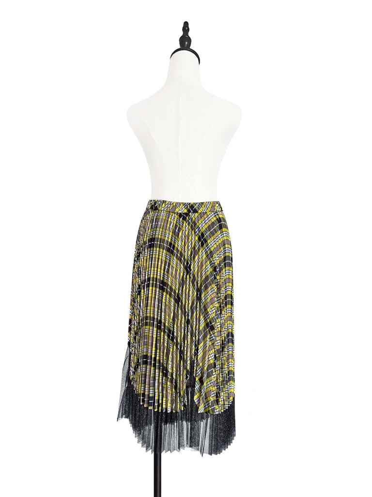 Final Sale! Tartan Asymmetrical Shimmer Mesh Pleated Midi-Skirt