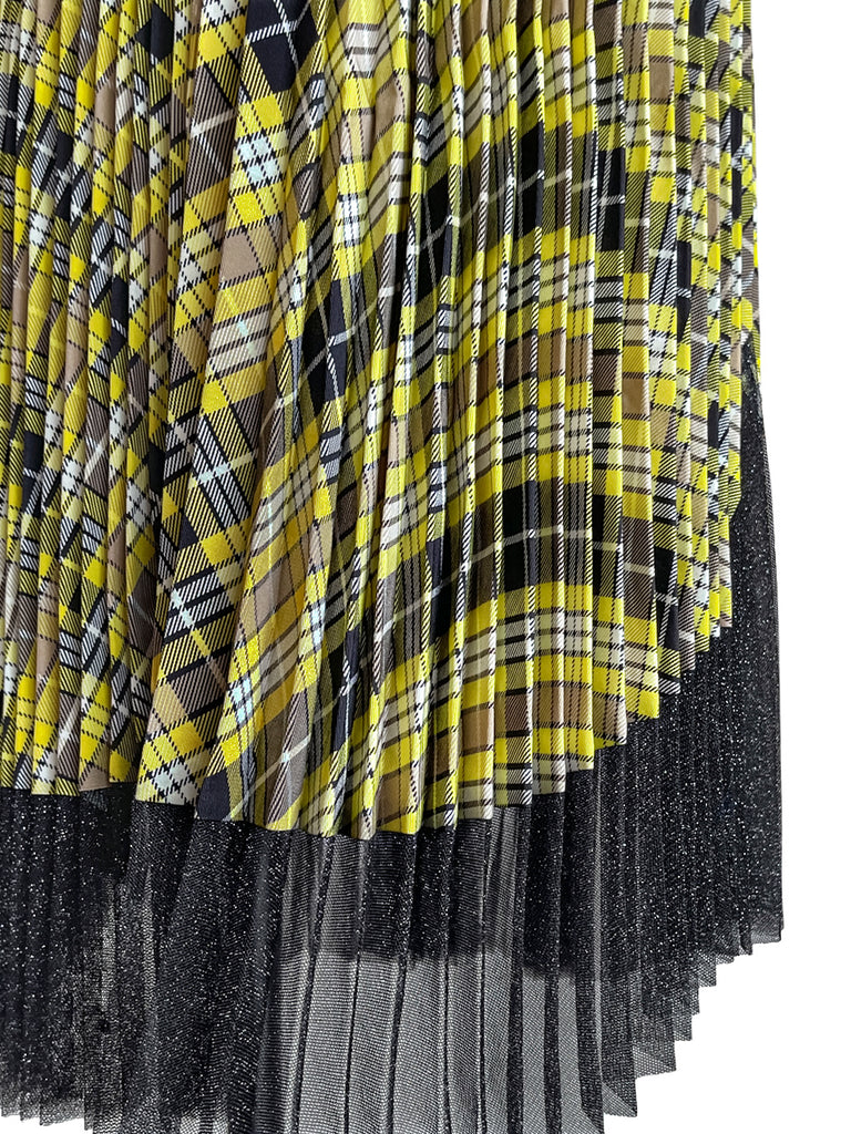 Final Sale! Tartan Asymmetrical Shimmer Mesh Pleated Midi-Skirt