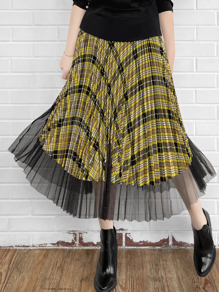 Final Sale! Tartan Asymmetrical Shimmer Mesh Pleated Midi-Skirt