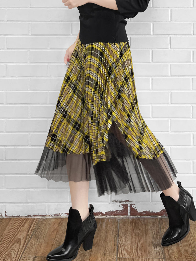 Final Sale! Tartan Asymmetrical Shimmer Mesh Pleated Midi-Skirt