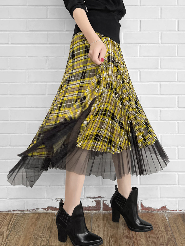 Final Sale! Tartan Asymmetrical Shimmer Mesh Pleated Midi-Skirt