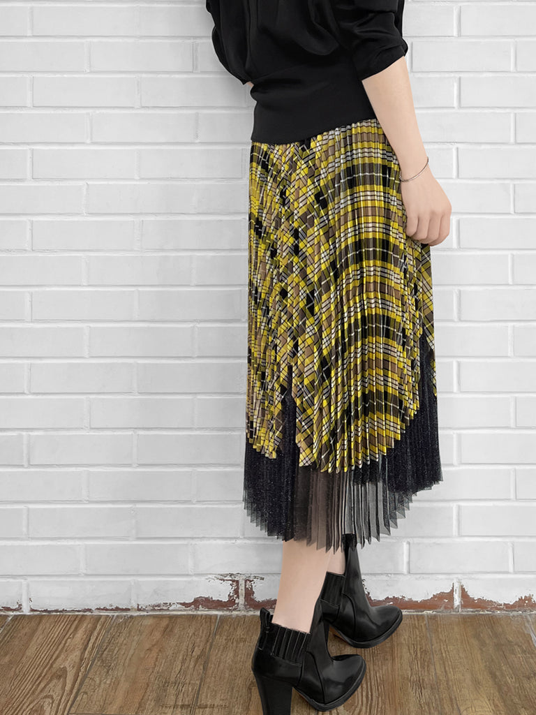 Final Sale! Tartan Asymmetrical Shimmer Mesh Pleated Midi-Skirt