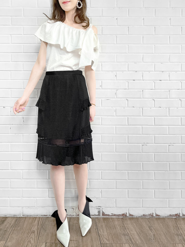 Surprise Sale! Black Sparkle Tiered Ruffle Dotty Trim Lace Skirt