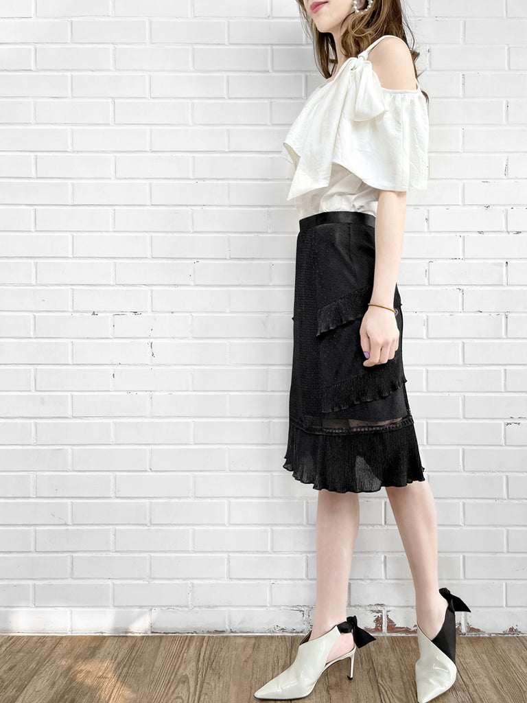 Surprise Sale! Black Sparkle Tiered Ruffle Dotty Trim Lace Skirt