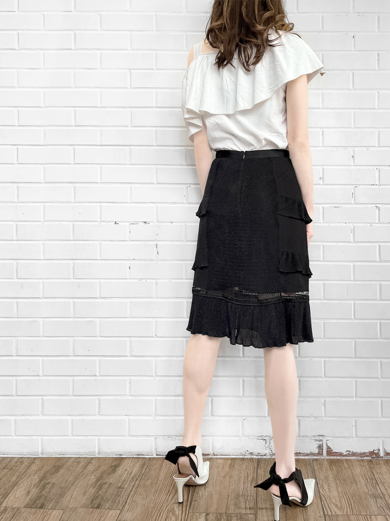 Surprise Sale! Black Sparkle Tiered Ruffle Dotty Trim Lace Skirt