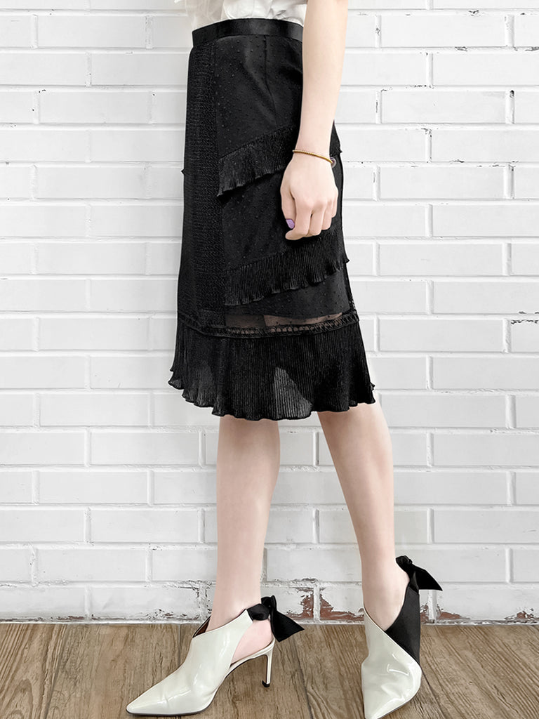 Surprise Sale! Black Sparkle Tiered Ruffle Dotty Trim Lace Skirt