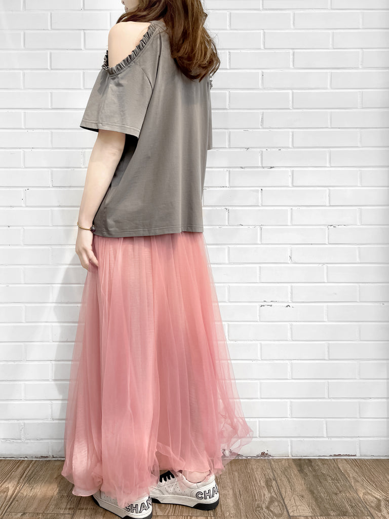 Last Chance! Grey Ruffle Off the Shoulder Cotton Blend Tee