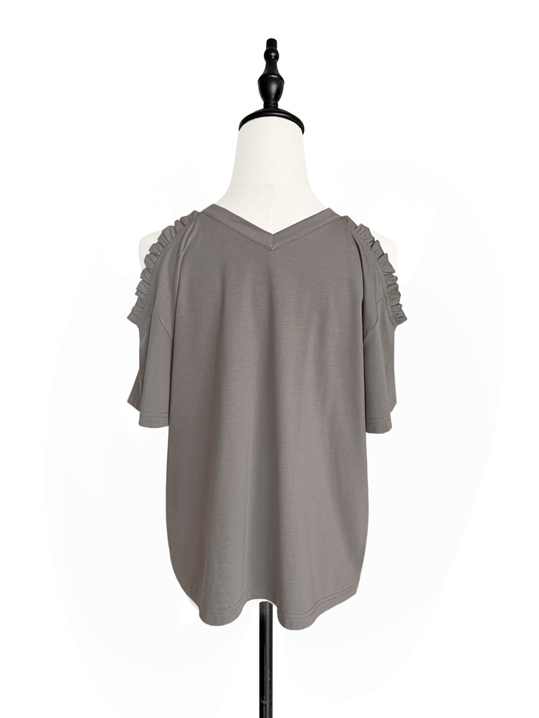 Last Chance! Grey Ruffle Off the Shoulder Cotton Blend Tee