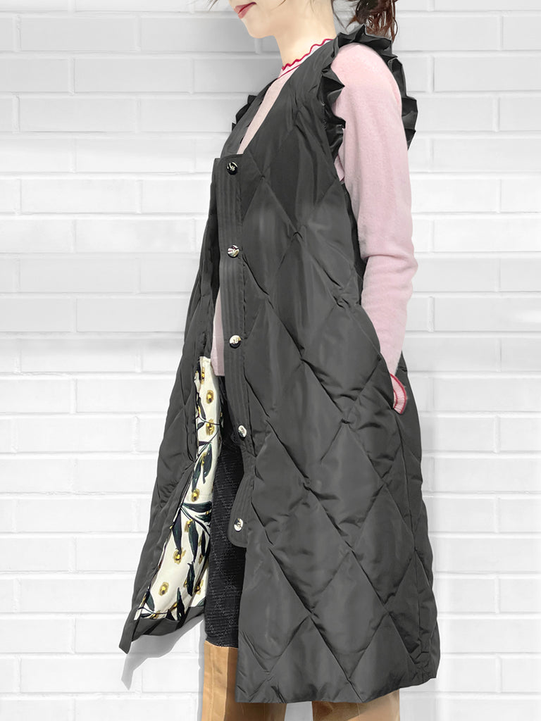 驚喜促銷!深灰色褶邊肩長款絎縫羽絨馬甲