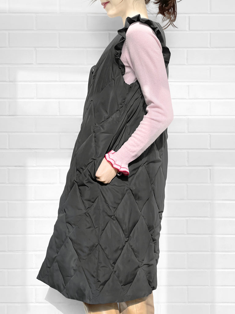 驚喜促銷!深灰色褶邊肩長款絎縫羽絨馬甲