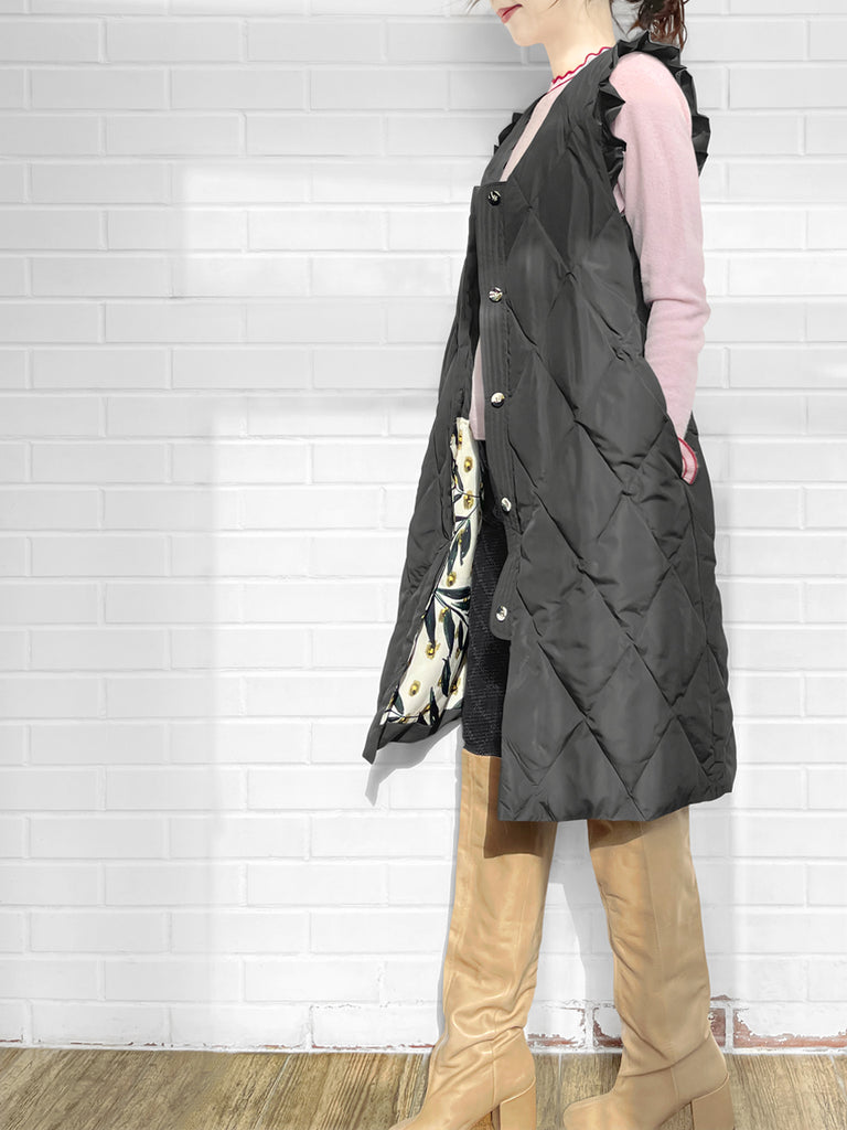 驚喜促銷!深灰色褶邊肩長款絎縫羽絨馬甲