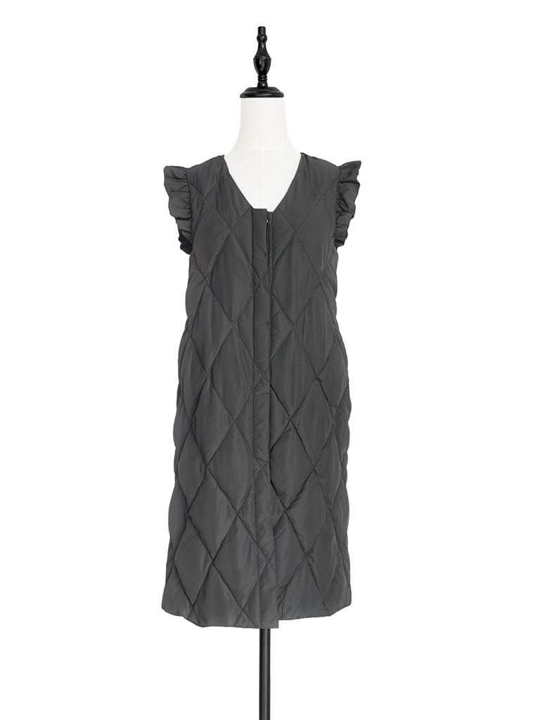 驚喜促銷!深灰色褶邊肩長款絎縫羽絨馬甲