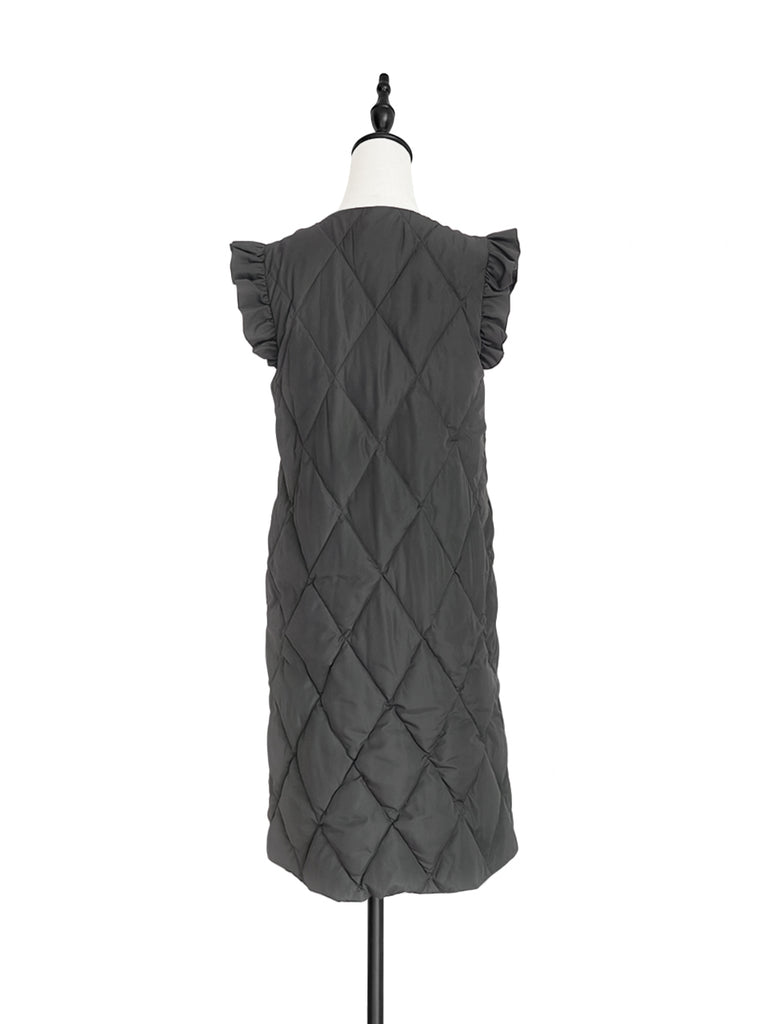 驚喜促銷!深灰色褶邊肩長款絎縫羽絨馬甲