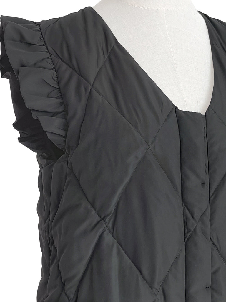 驚喜促銷!深灰色褶邊肩長款絎縫羽絨馬甲