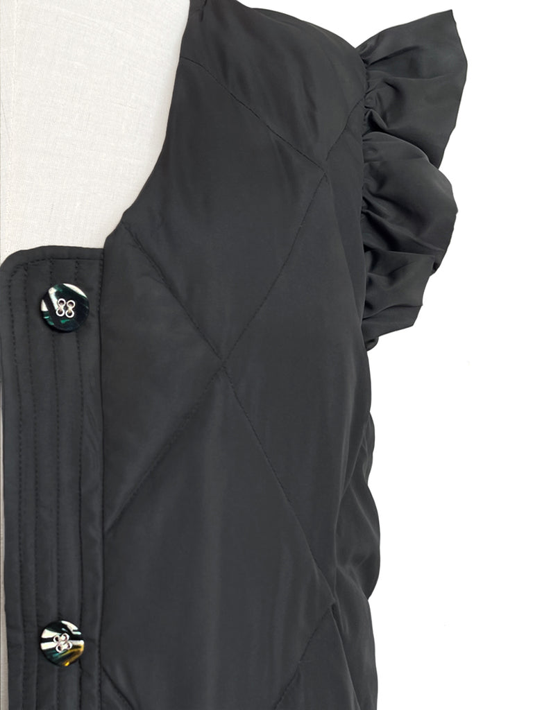 驚喜促銷!深灰色褶邊肩長款絎縫羽絨馬甲