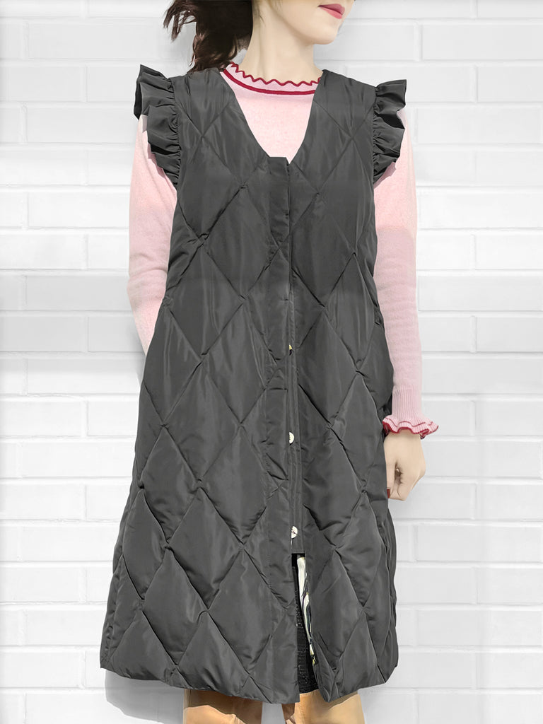 驚喜促銷!深灰色褶邊肩長款絎縫羽絨馬甲