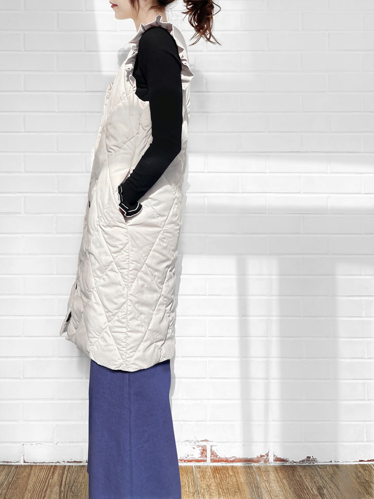 Surprise Sale! Platinum White Frill Shoulder Longline Quilted Down Vest
