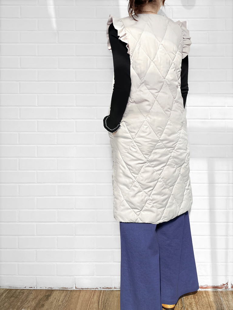Surprise Sale! Platinum White Frill Shoulder Longline Quilted Down Vest
