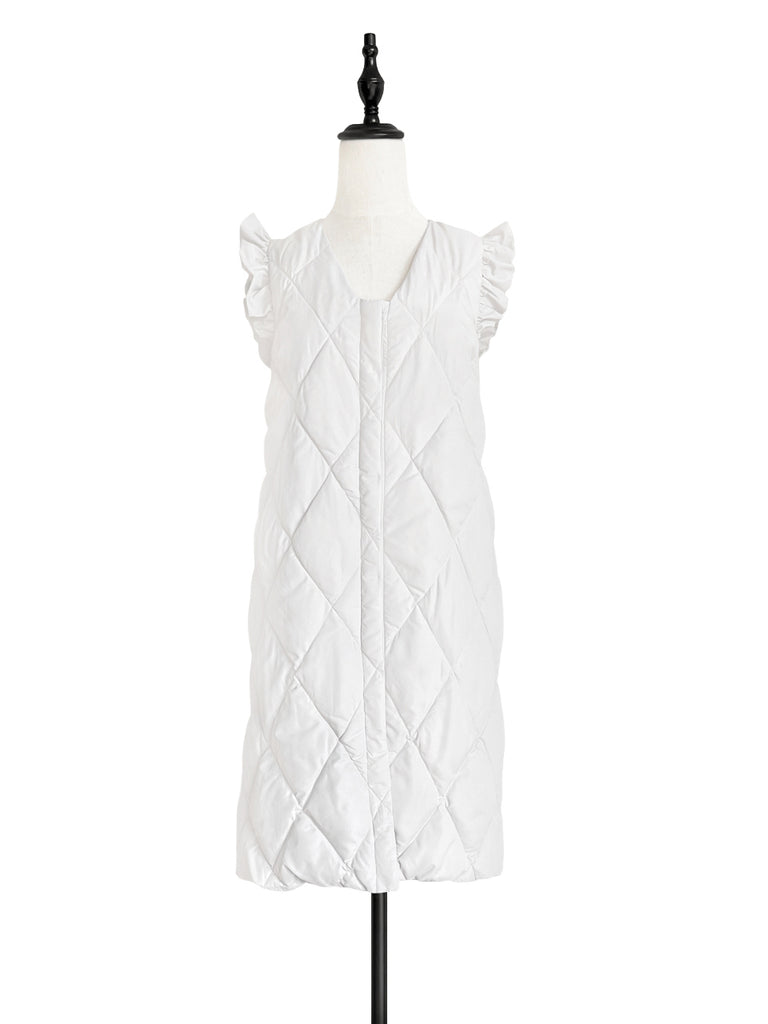 Surprise Sale! Platinum White Frill Shoulder Longline Quilted Down Vest