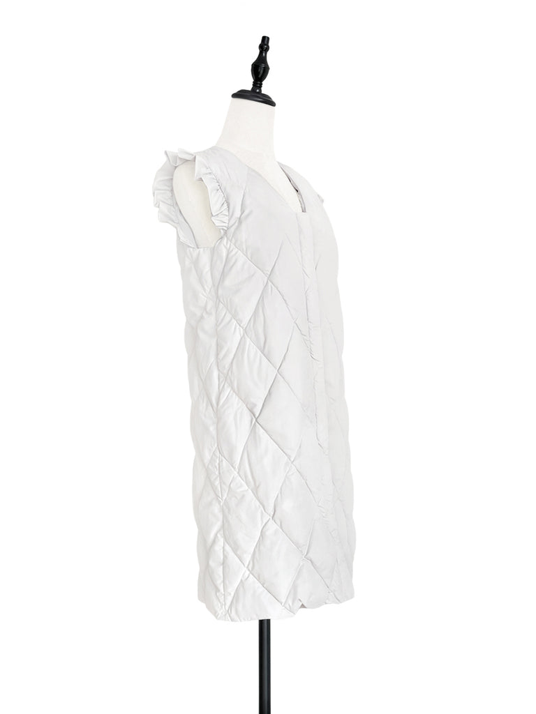Surprise Sale! Platinum White Frill Shoulder Longline Quilted Down Vest