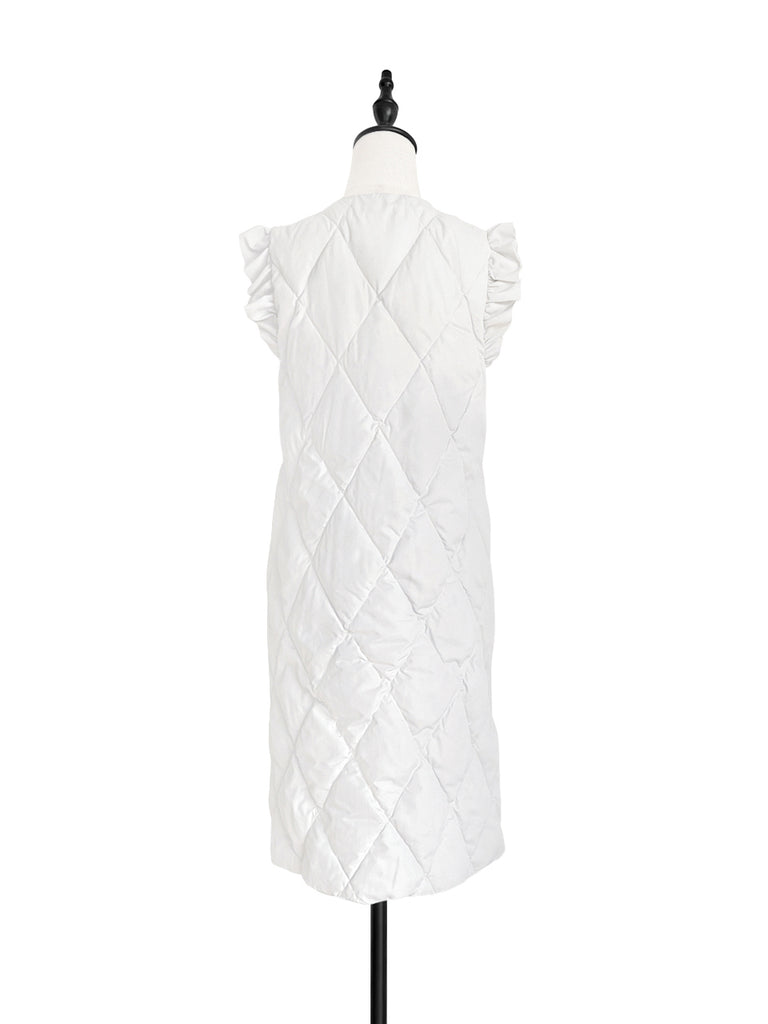 Surprise Sale! Platinum White Frill Shoulder Longline Quilted Down Vest