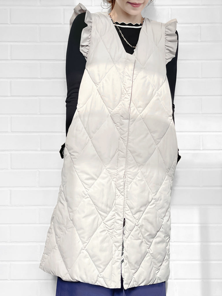 Surprise Sale! Platinum White Frill Shoulder Longline Quilted Down Vest