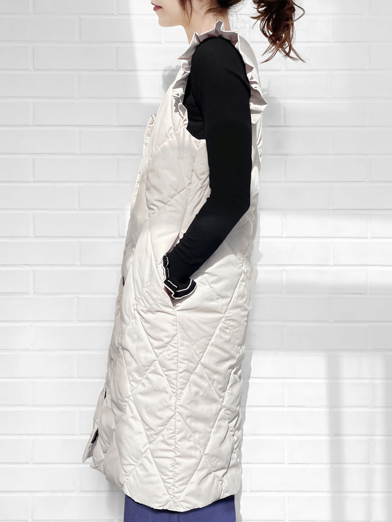 Surprise Sale! Platinum White Frill Shoulder Longline Quilted Down Vest