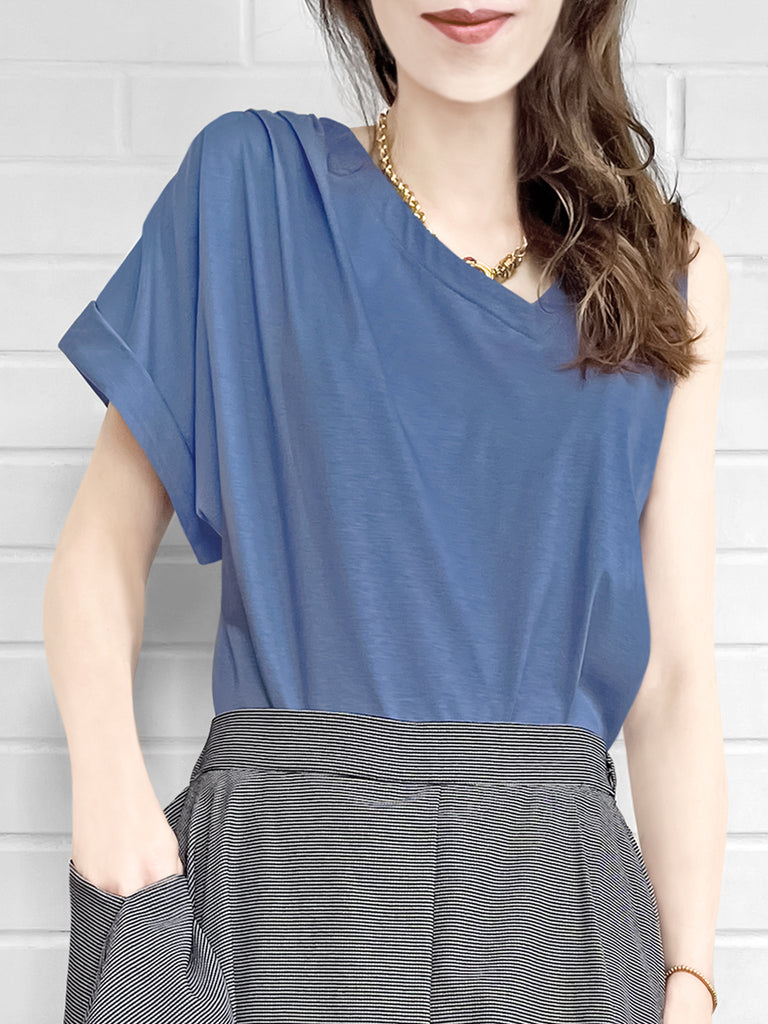 SPECIAL! Persian Blue Asymmetric Neck Roll Sleeve Tee