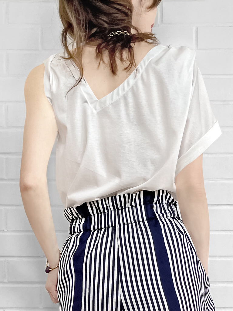 SPECIAL! White Asymmetric Neck Roll Sleeve Tee