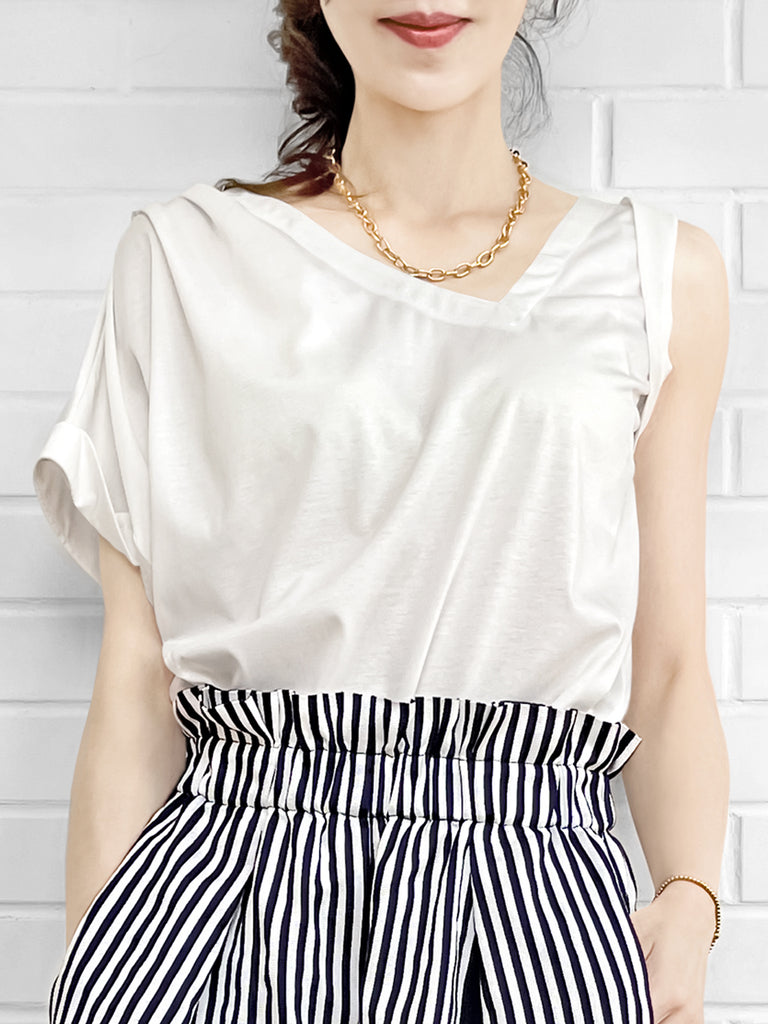 SPECIAL! White Asymmetric Neck Roll Sleeve Tee