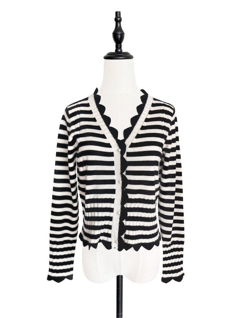 Surprise Sale! Mono Stripe Scalloped Cashmere & Wool Cropped Cardigan