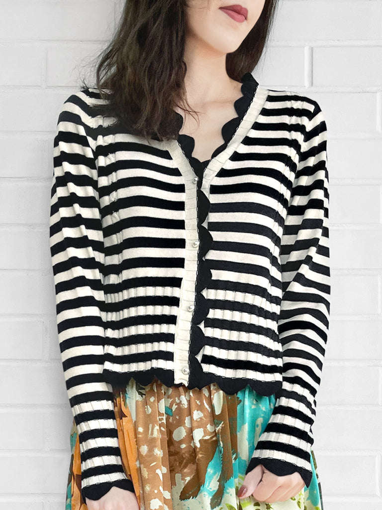 Surprise Sale! Mono Stripe Scalloped Cashmere & Wool Cropped Cardigan