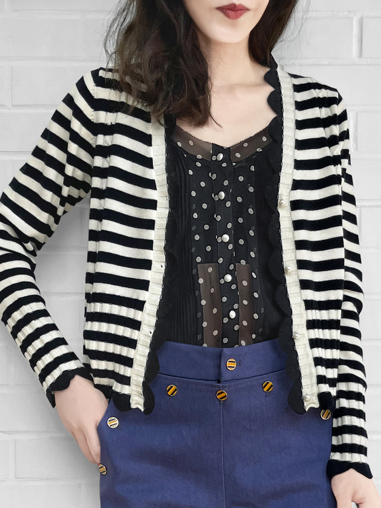 Surprise Sale! Mono Stripe Scalloped Cashmere & Wool Cropped Cardigan