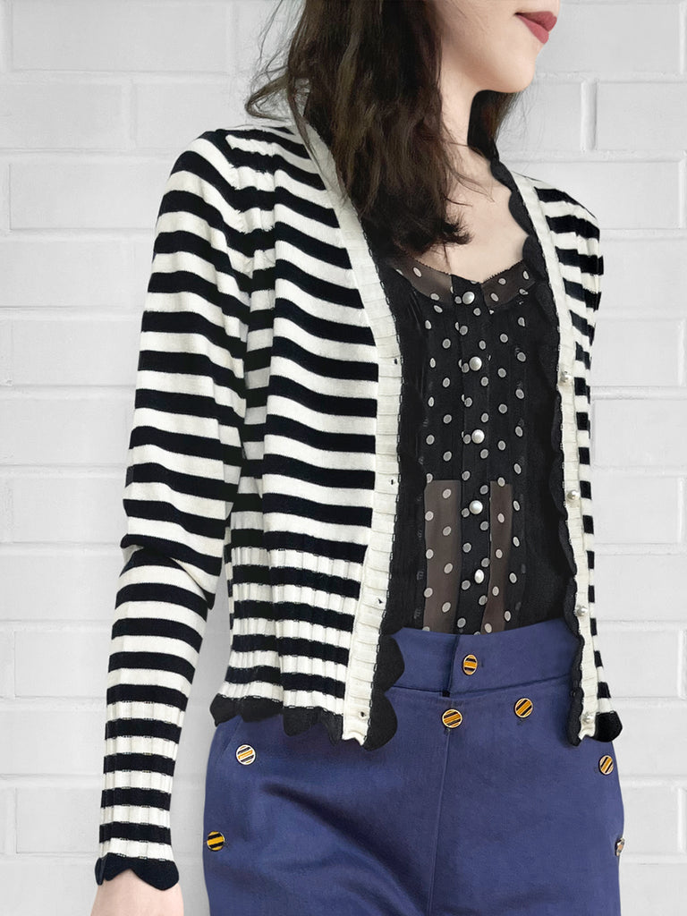 Surprise Sale! Mono Stripe Scalloped Cashmere & Wool Cropped Cardigan