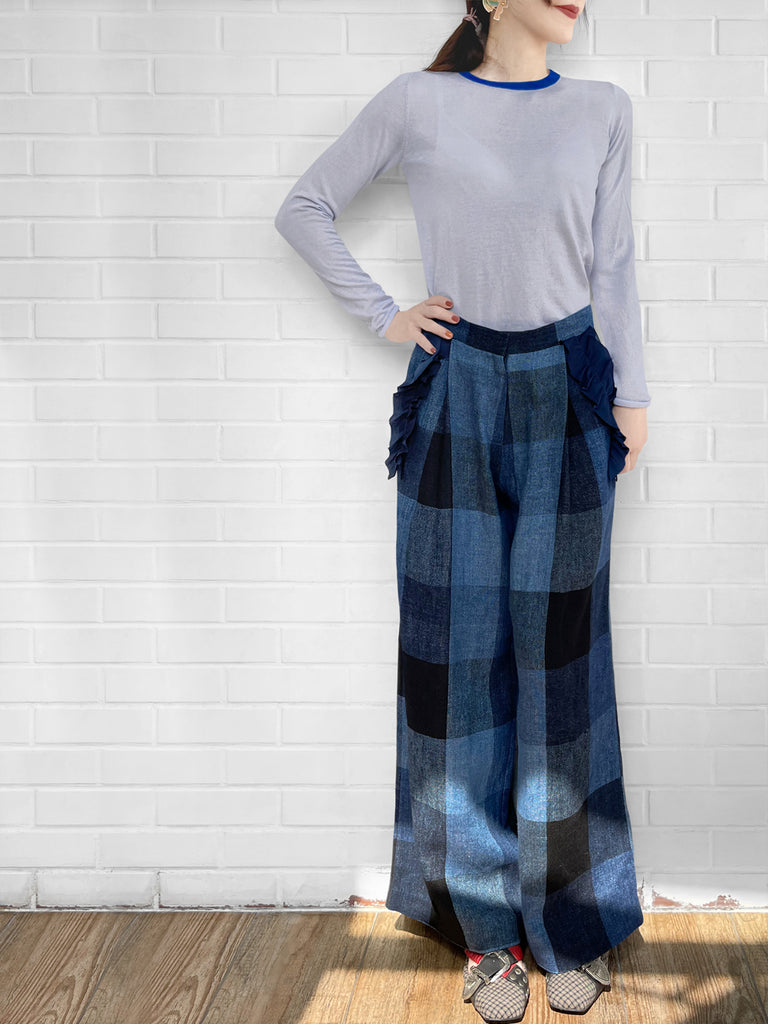 最後的機會!柔和藍色撞色邊美利奴羊毛毛衣