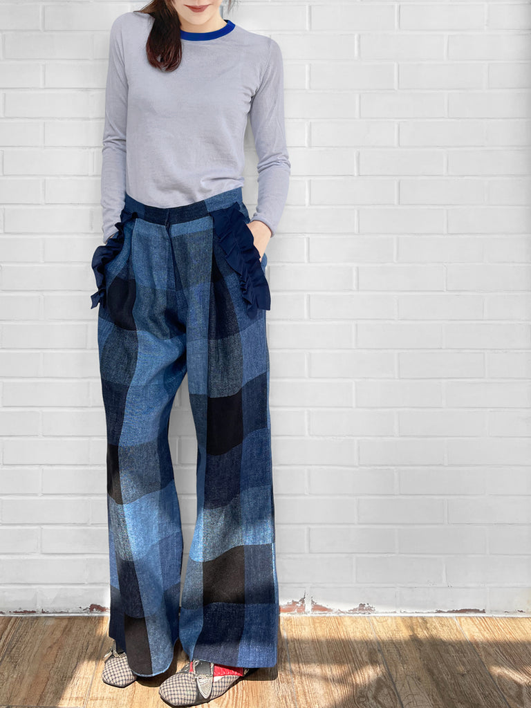 最後的機會!柔和藍色撞色邊美利奴羊毛毛衣