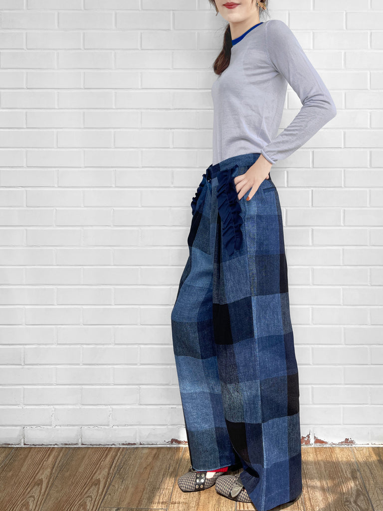 最後的機會!柔和藍色撞色邊美利奴羊毛毛衣