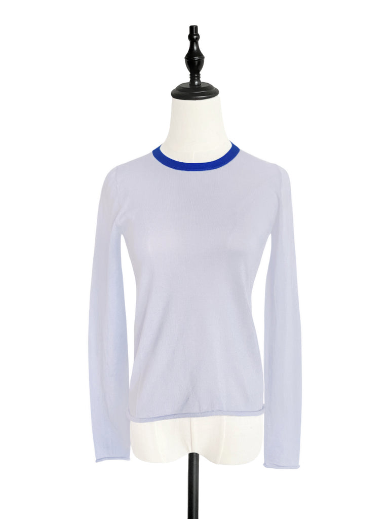 最後的機會!柔和藍色撞色邊美利奴羊毛毛衣