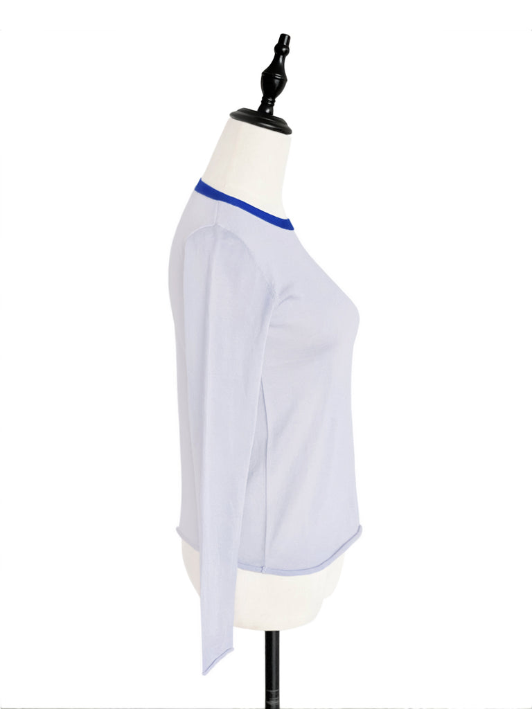 最後的機會!柔和藍色撞色邊美利奴羊毛毛衣