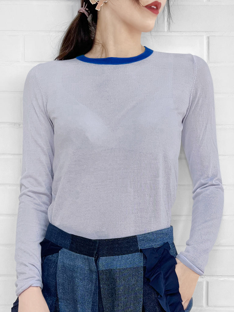 最後的機會!柔和藍色撞色邊美利奴羊毛毛衣