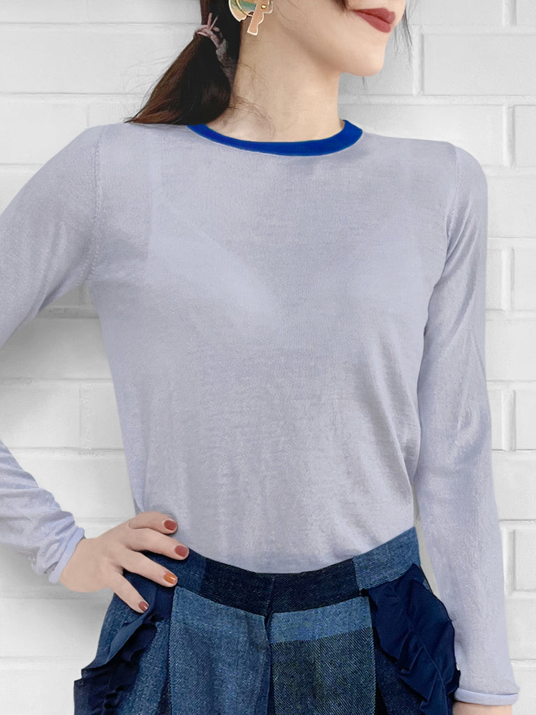 最後的機會!柔和藍色撞色邊美利奴羊毛毛衣