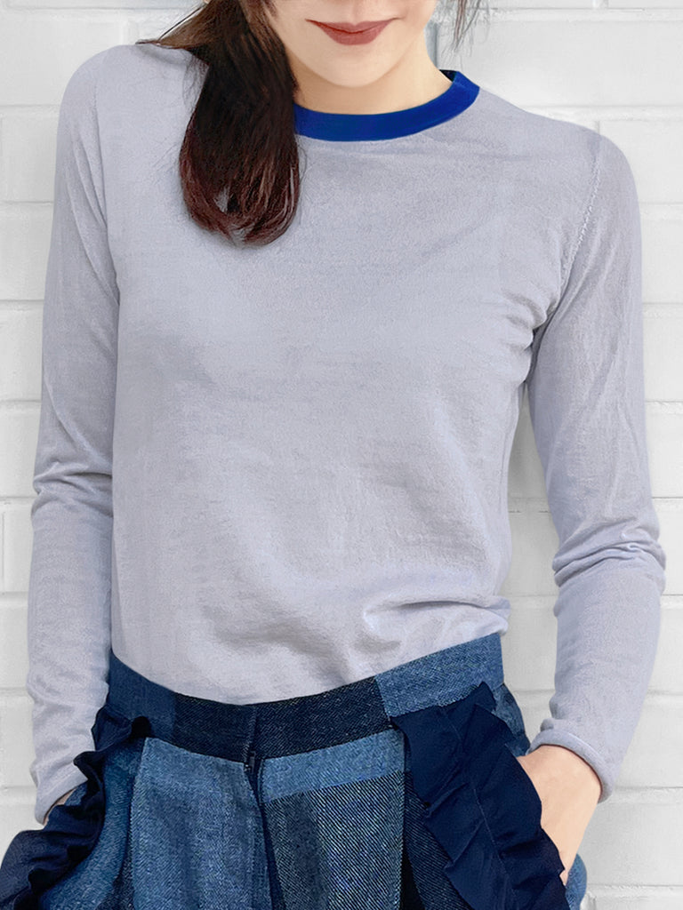 最後的機會!柔和藍色撞色邊美利奴羊毛毛衣