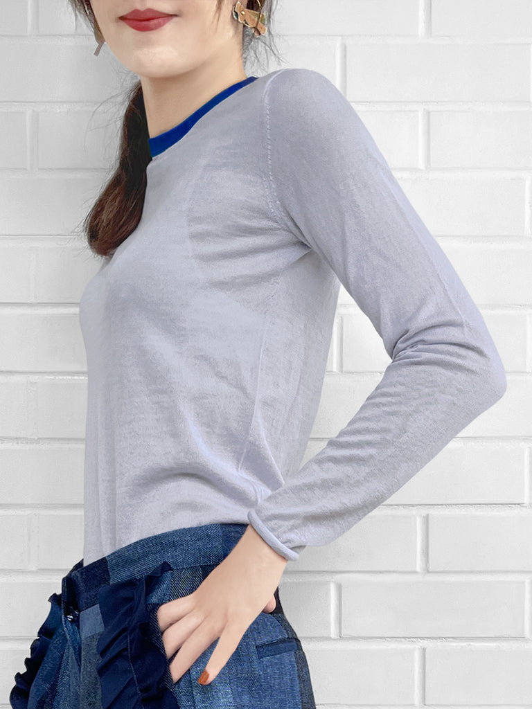 最後的機會!柔和藍色撞色邊美利奴羊毛毛衣