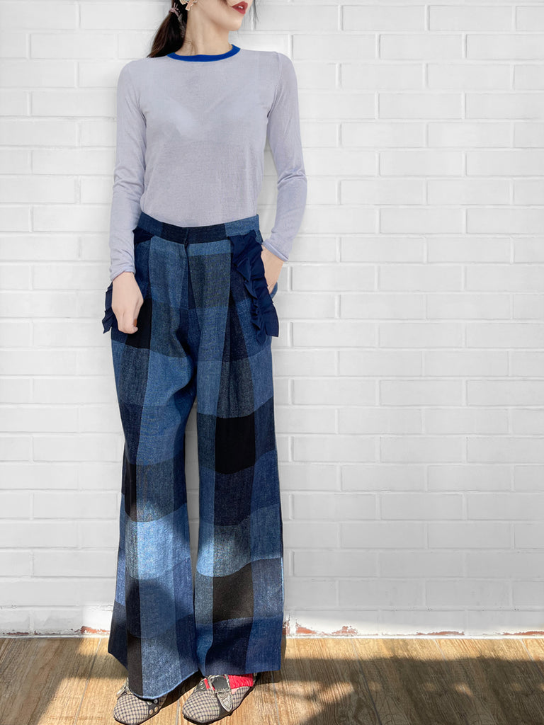 最後的機會!柔和藍色撞色邊美利奴羊毛毛衣