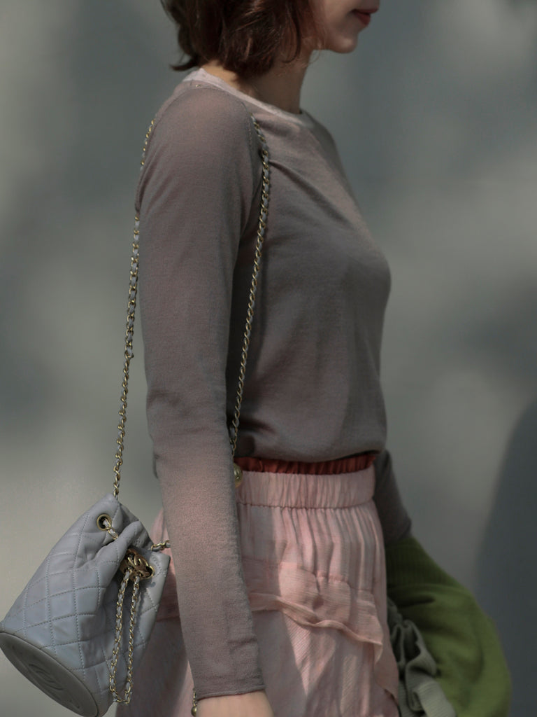 卵石灰褐色對比邊美利奴羊毛毛衣