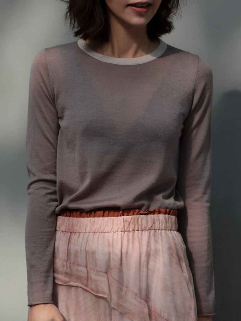 卵石灰褐色對比邊美利奴羊毛毛衣