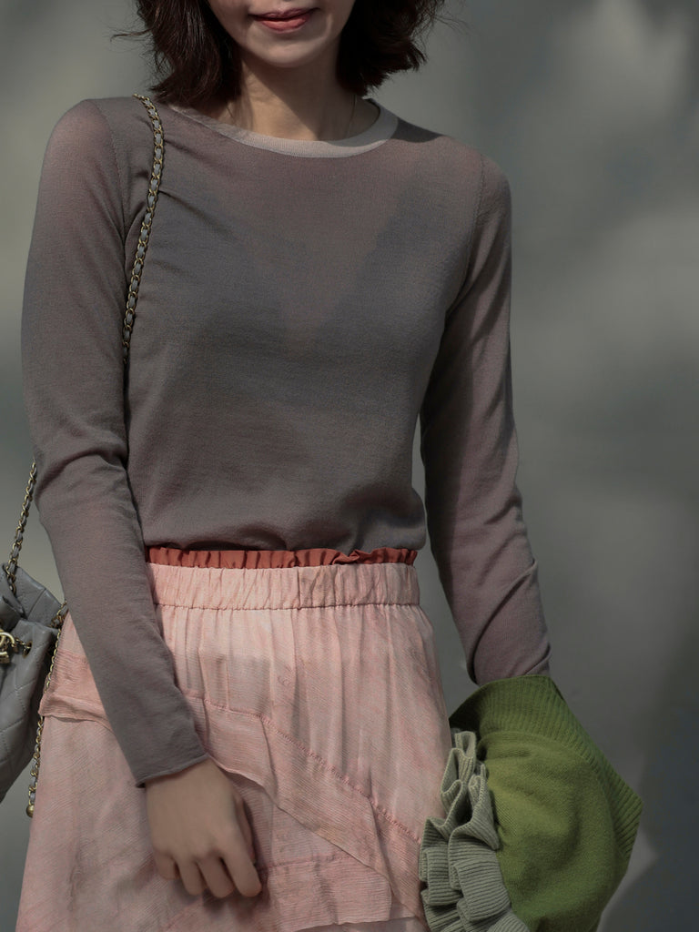 卵石灰褐色對比邊美利奴羊毛毛衣