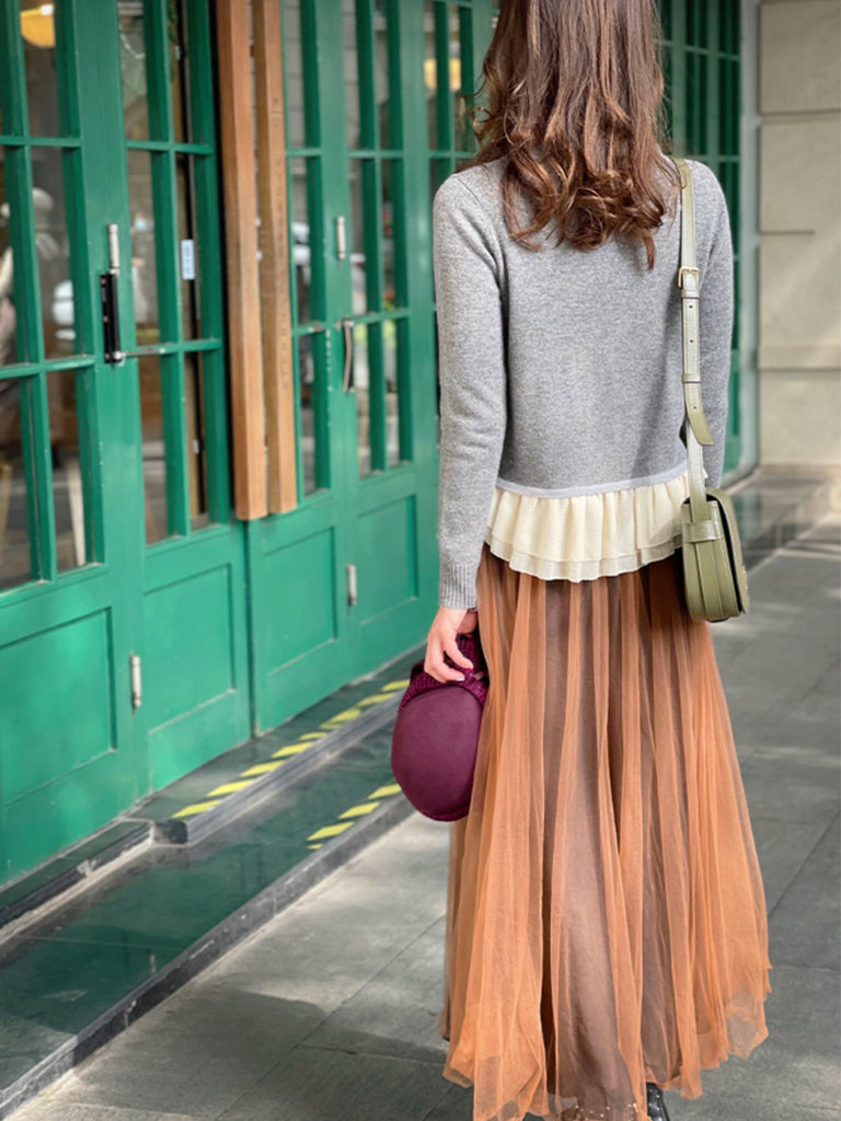 灰色羊絨羊毛混紡雪紡荷葉邊下擺開襟衫